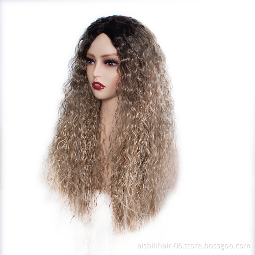 Wholesale Long synthetic fiber heat resistant ombre black to light brown water wave fiber synthettic hair wigs for women
